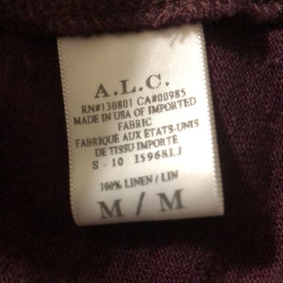A.L.C. Top Size Medium 100% linen long sleeve plum asymmetrical back opening - Picture 3 of 5